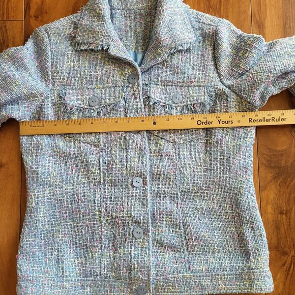 Womens Tweed Button Front Jacket Coat Blue Multi Fringe Trim Textured Chic Sm-M - Picture 4 of 10